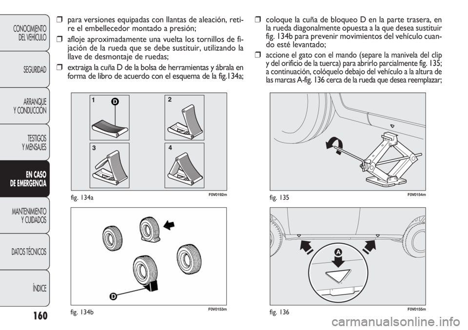 FIAT DOBLO COMBI 2011  Manual de Empleo y Cuidado (in Spanish) 160
F0V0153mfig. 134bF0V0155mfig. 136
F0V0154mfig. 135
CONOCIMIENTO
DEL VEHÍCULO
SEGURIDAD
ARRANQUE
Y CONDUCCIÓN
TESTIGOS
Y MENSAJES
EN CASO 
DE EMERGENCIA
MANTENIMIENTO
Y CUIDADOS
DATOS TÉCNICOS
