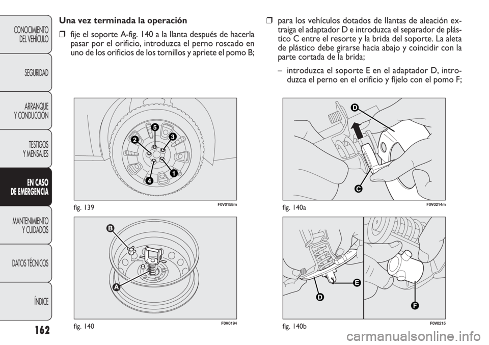 FIAT DOBLO COMBI 2011  Manual de Empleo y Cuidado (in Spanish) 162
❒para los vehículos dotados de llantas de aleación ex-
traiga el adaptador D e introduzca el separador de plás-
tico C entre el resorte y la brida del soporte. La aleta
de plástico debe gira