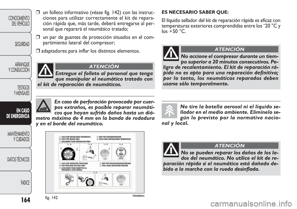 FIAT DOBLO COMBI 2011  Manual de Empleo y Cuidado (in Spanish) 164
CONOCIMIENTO
DEL VEHÍCULO
SEGURIDAD
ARRANQUE
Y CONDUCCIÓN
TESTIGOS
Y MENSAJES
EN CASO 
DE EMERGENCIA
MANTENIMIENTO
Y CUIDADOS
DATOS TÉCNICOS
ÍNDICE
En caso de perforación provocada por cuer-
