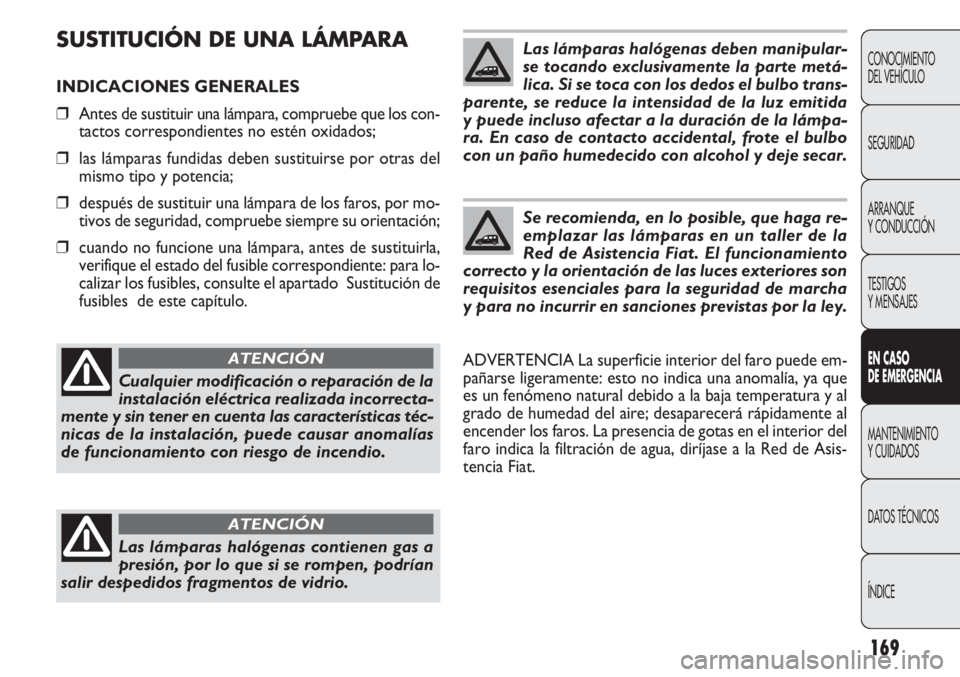 FIAT DOBLO COMBI 2011 Manual de Empleo y Cuidado (in Spanish) 169
SUSTITUCIÓN DE UNA LÁMPARA
INDICACIONES GENERALES
❒Antes de sustituir una lámpara, compruebe que los con-
tactos correspondientes no estén oxidados;
❒las lámparas fundidas deben sustituir FIAT DOBLO COMBI 2011 Manual de Empleo y Cuidado (in Spanish) 169
SUSTITUCIÓN DE UNA LÁMPARA
INDICACIONES GENERALES
❒Antes de sustituir una lámpara, compruebe que los con-
tactos correspondientes no estén oxidados;
❒las lámparas fundidas deben sustituir