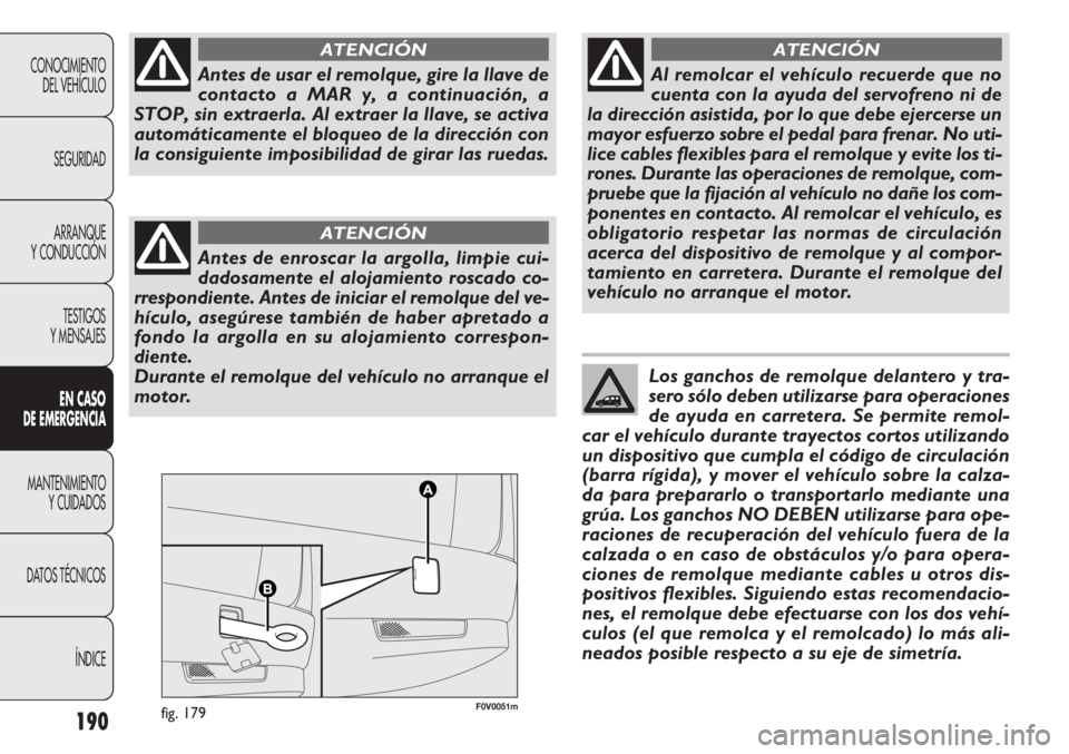 FIAT DOBLO COMBI 2011  Manual de Empleo y Cuidado (in Spanish) 190
F0V0051mfig. 179
CONOCIMIENTO
DEL VEHÍCULO
SEGURIDAD
ARRANQUE
Y CONDUCCIÓN
TESTIGOS
Y MENSAJES
EN CASO 
DE EMERGENCIA
MANTENIMIENTO
Y CUIDADOS
DATOS TÉCNICOS
ÍNDICE
Antes de usar el remolque, 