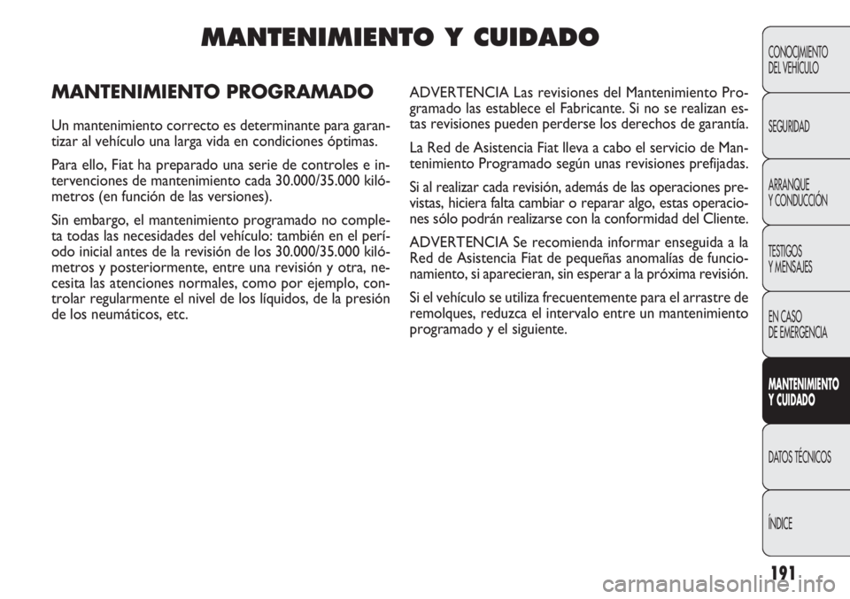 FIAT DOBLO COMBI 2011  Manual de Empleo y Cuidado (in Spanish) 191
CONOCIMIENTO
DEL VEHÍCULO
SEGURIDAD
ARRANQUE
Y CONDUCCIÓN
TESTIGOS
Y MENSAJES
EN CASO 
DE EMERGENCIA
MANTENIMIENTO
Y CUIDADO
DATOS TÉCNICOS
ÍNDICE
MANTENIMIENTO Y CUIDADO
MANTENIMIENTO PROGRAM