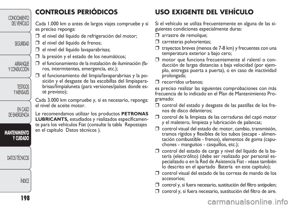 FIAT DOBLO COMBI 2011  Manual de Empleo y Cuidado (in Spanish) 198
USO EXIGENTE DEL VEHÍCULO
Si el vehículo se utiliza frecuentemente en alguna de las si-
guientes condiciones especialmente duras:
❒ arrastre de remolque;
❒ carreteras polvorientas;
❒ traye
