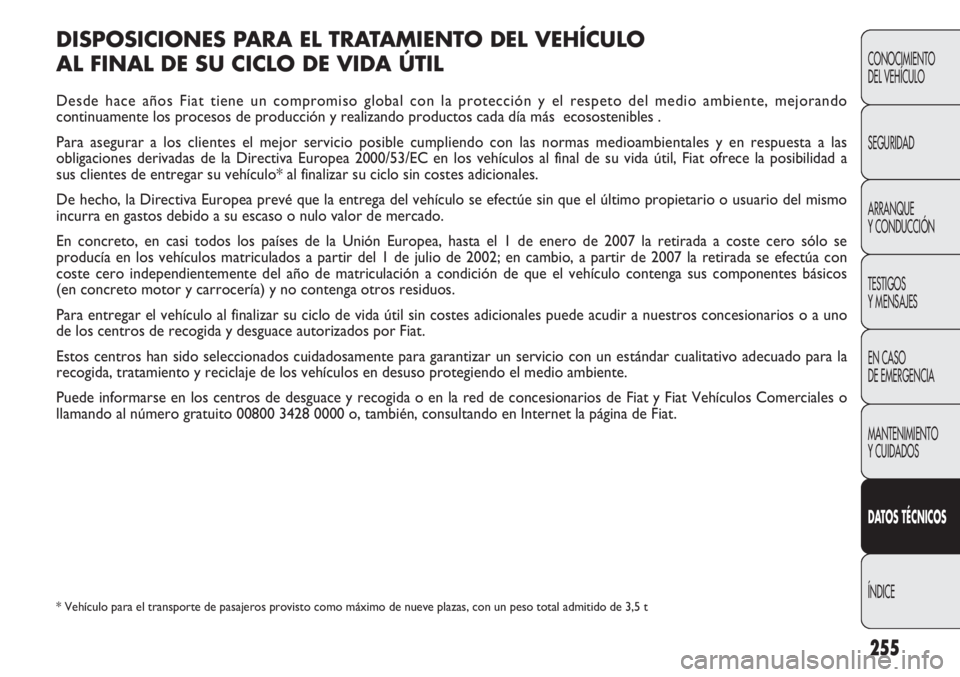 FIAT DOBLO COMBI 2011 Manual de Empleo y Cuidado (in Spanish) 255
DISPOSICIONES PARA EL TRATAMIENTO DEL VEHÍCULO
AL FINAL DE SU CICLO DE VIDA ÚTIL
Desde hace años Fiat tiene un compromiso global con la protección y el respeto del medio ambiente, mejorando
c FIAT DOBLO COMBI 2011 Manual de Empleo y Cuidado (in Spanish) 255
DISPOSICIONES PARA EL TRATAMIENTO DEL VEHÍCULO
AL FINAL DE SU CICLO DE VIDA ÚTIL
Desde hace años Fiat tiene un compromiso global con la protección y el respeto del medio ambiente, mejorando
c