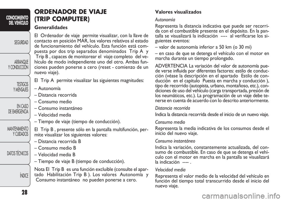 FIAT DOBLO COMBI 2011  Manual de Empleo y Cuidado (in Spanish) 28
Valores visualizados 
Autonomía
Representa la distancia indicativa que puede ser recorri-
da con el combustible presente en el depósito. En la pan-
talla se visualizará la indicación  ----  al 