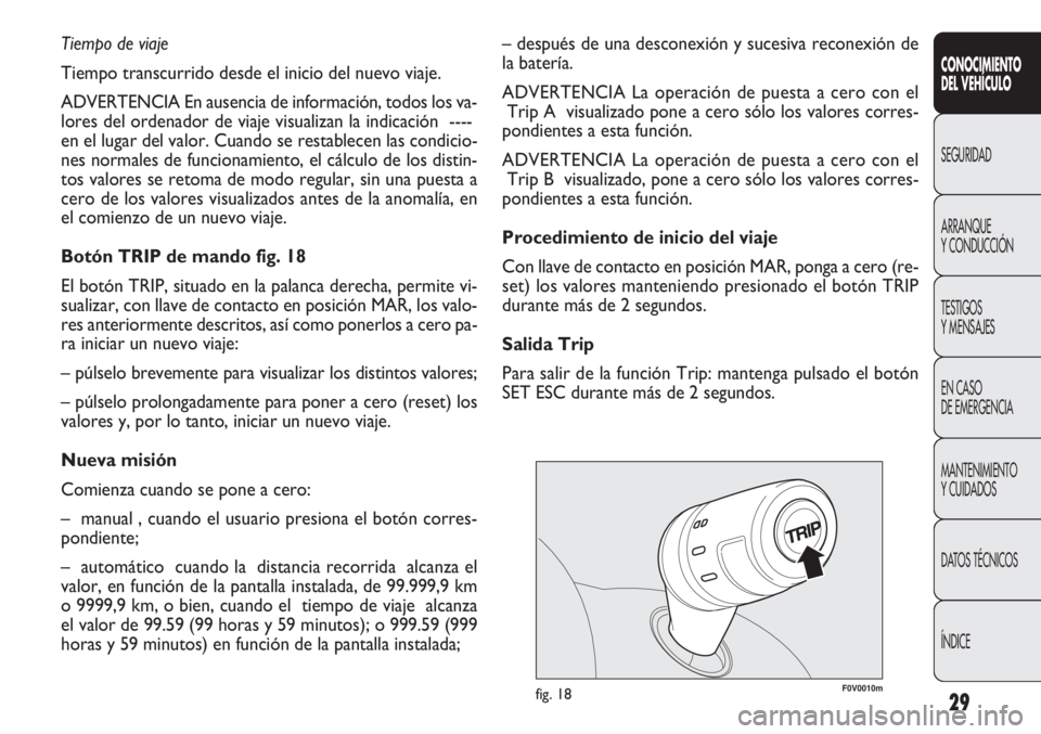 FIAT DOBLO COMBI 2011  Manual de Empleo y Cuidado (in Spanish) 29
F0V0010mfig. 18
– después de una desconexión y sucesiva reconexión de
la batería.
ADVERTENCIA La operación de puesta a cero con el
Trip A  visualizado pone a cero sólo los valores corres-
p