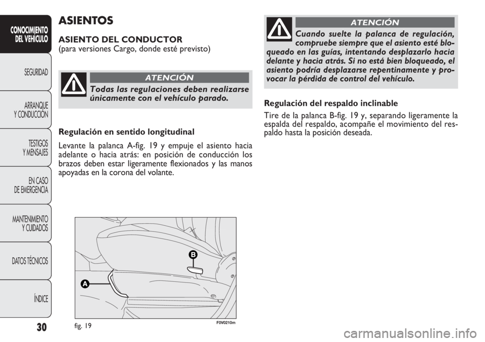 FIAT DOBLO COMBI 2011  Manual de Empleo y Cuidado (in Spanish) 30
Regulación del respaldo inclinable
Tire de la palanca B-fig. 19 y, separando ligeramente la
espalda del respaldo, acompañe el movimiento del res-
paldo hasta la posición deseada.
ASIENTOS
ASIENT