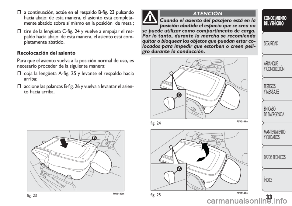 FIAT DOBLO COMBI 2011  Manual de Empleo y Cuidado (in Spanish) 33F0V0143mfig. 23
F0V0144mfig. 24
CONOCIMIENTO
DEL VEHÍCULO
SEGURIDAD
ARRANQUE
Y CONDUCCIÓN
TESTIGOS
Y MENSAJES
EN CASO 
DE EMERGENCIA
MANTENIMIENTO
Y CUIDADOS
DATOS TÉCNICOS
ÍNDICE
❒a continuac