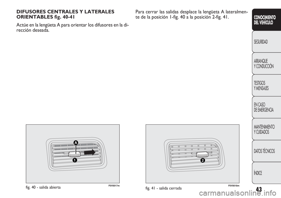 FIAT DOBLO COMBI 2011  Manual de Empleo y Cuidado (in Spanish) 43
F0V0017mfig. 40 - salida abiertaF0V0018mfig. 41 - salida cerrada
DIFUSORES CENTRALES Y LATERALES
ORIENTABLES fig. 40-41
Actúe en la lengüeta A para orientar los difusores en la di-
rección desea