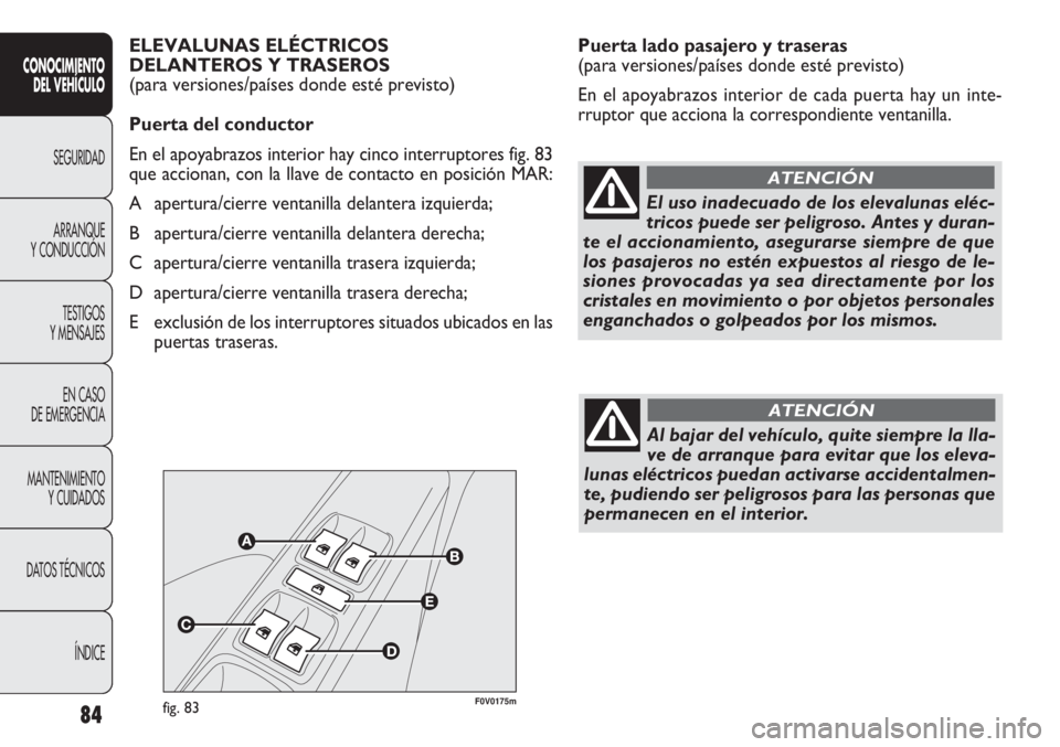FIAT DOBLO COMBI 2011  Manual de Empleo y Cuidado (in Spanish) 84
Puerta lado pasajero y traseras 
(para versiones/países donde esté previsto)
En el apoyabrazos interior de cada puerta hay un inte-
rruptor que acciona la correspondiente ventanilla.
CONOCIMIENTO
