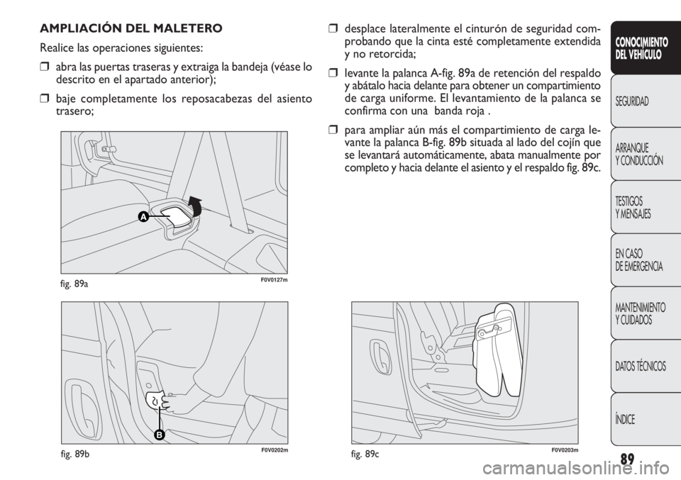 FIAT DOBLO COMBI 2011  Manual de Empleo y Cuidado (in Spanish) 89
CONOCIMIENTO
DEL VEHÍCULO
SEGURIDAD
ARRANQUE
Y CONDUCCIÓN
TESTIGOS
Y MENSAJES
EN CASO 
DE EMERGENCIA
MANTENIMIENTO
Y CUIDADOS
DATOS TÉCNICOS
ÍNDICE
F0V0127mfig. 89a
AMPLIACIÓN DEL MALETERO
Rea
