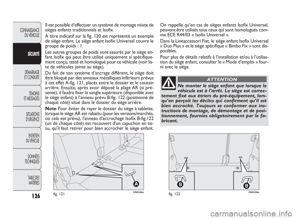 FIAT DOBLO COMBI 2009  Notice dentretien (in French) 126
CONNAISSANCE 
DU VÉHICULE
SÉCURITÉ
DÉMARRAGE
ET CONDUITE
TÉMOINS 
ET MESSAGES
SITUATIONS 
D’URGENCE
ENTRETIEN 
DU VÉHICULE
DONNÉES 
TECHNIQUES
TABLE DES
MATIÈRES
F0V0128mfig. 121F0V0129m