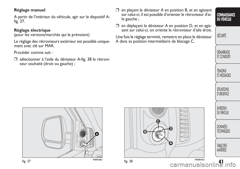 FIAT DOBLO COMBI 2011  Notice dentretien (in French) 41
CONNAISSANCE
DU VÉHICULE
SÉCURITÉ
DÉMARRAGE
ET CONDUITE
TÉMOINS
ET MESSAGES
SITUATIONS 
D’URGENCE
ENTRETIEN
DU VÉHICULE
DONNÉES
TECHNIQUES
TABLE DES 
MATIÈRES
Réglage manuel
A partir de 