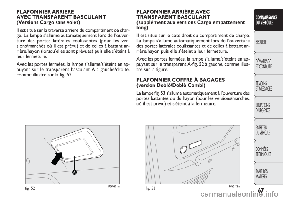 FIAT DOBLO COMBI 2011  Notice dentretien (in French) F0V0171mfig. 52
PLAFONNIER ARRIERE
AVEC TRANSPARENT BASCULANT
(Versions Cargo sans volet)
Il est situé sur la traverse arrière du compartiment de char-
ge. La lampe s’allume automatiquement lors d