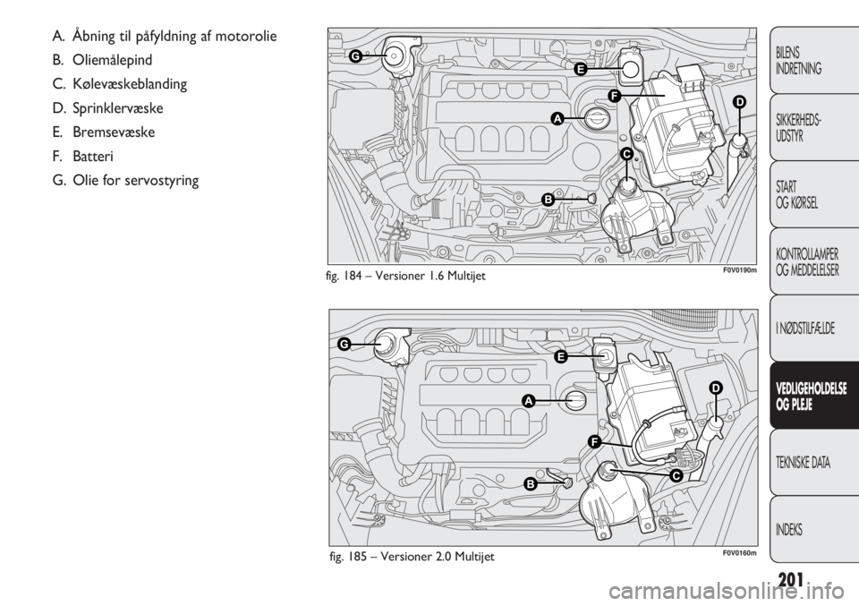 FIAT DOBLO COMBI 2012  Brugs- og vedligeholdelsesvejledning (in Danish) 201
BILENS
INDRETNING
SIKKERHEDS-
UDSTYR
START
OG KØRSEL
KONTROLLAMPER
OG MEDDELELSER
I NØDSTILFÆLDE
VEDLIGEHOLDELSE
OG PLEJE
TEKNISKE DATA
INDEKS
fig. 184 – Versioner 1.6 Multijet F0V0190m
fig. 