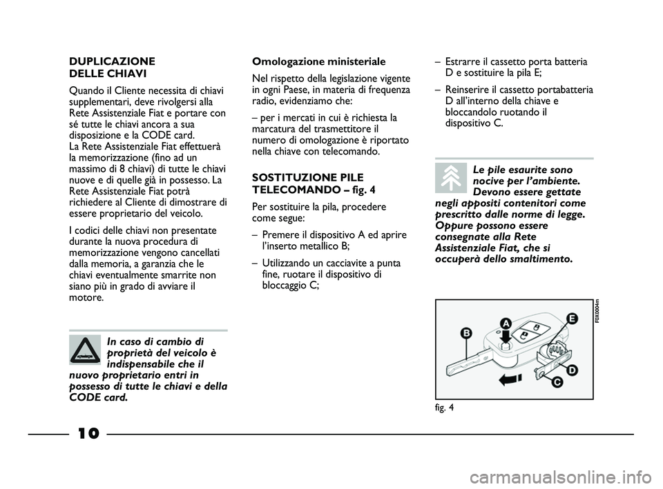 FIAT STRADA 2012 Libretto Uso Manutenzione (in Italian) 10
DUPLICAZIONE
DELLE CHIAVI
Quando il Cliente necessita di chiavi
supplementari, deve rivolgersi alla
Rete Assistenziale Fiat e portare con
sé tutte le chiavi ancora a sua
disposizione e la CODE ca FIAT STRADA 2012 Libretto Uso Manutenzione (in Italian) 10
DUPLICAZIONE
DELLE CHIAVI
Quando il Cliente necessita di chiavi
supplementari, deve rivolgersi alla
Rete Assistenziale Fiat e portare con
sé tutte le chiavi ancora a sua
disposizione e la CODE ca