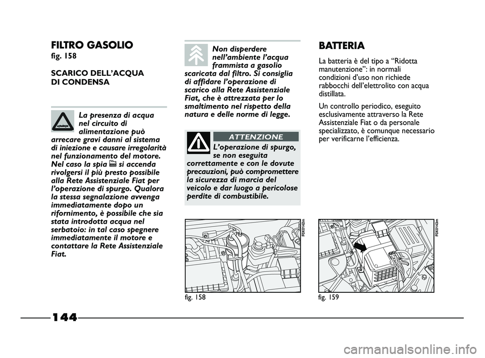 FIAT STRADA 2012 Libretto Uso Manutenzione (in Italian) 144
FILTRO GASOLIO
fig. 158
SCARICO DELL’ACQUA
DI CONDENSA
fig. 158
F0X0142m
fig. 159
F0X0143m
BATTERIA
La batteria è del tipo a “Ridotta
manutenzione”: in normali
condizioni d’uso non rich FIAT STRADA 2012 Libretto Uso Manutenzione (in Italian) 144
FILTRO GASOLIO
fig. 158
SCARICO DELL’ACQUA
DI CONDENSA
fig. 158
F0X0142m
fig. 159
F0X0143m
BATTERIA
La batteria è del tipo a “Ridotta
manutenzione”: in normali
condizioni d’uso non rich