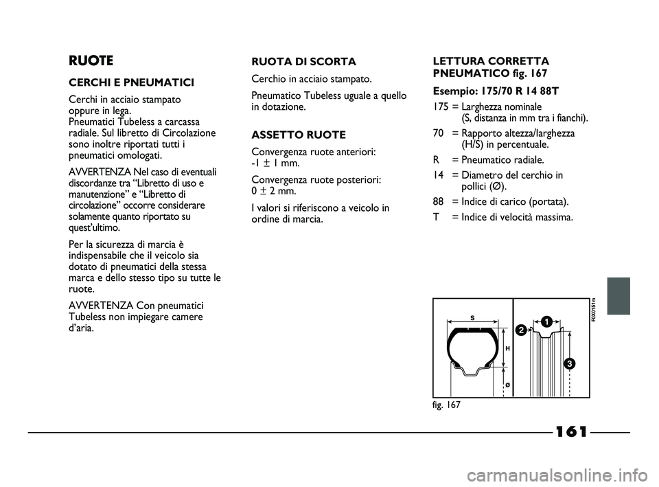 FIAT STRADA 2014  Libretto Uso Manutenzione (in Italian) 161
RUOTE
CERCHI E PNEUMATICI
Cerchi in acciaio stampato 
oppure in lega. 
Pneumatici Tubeless a carcassa
radiale. Sul libretto di Circolazione
sono inoltre riportati tutti i
pneumatici omologati.
AVV