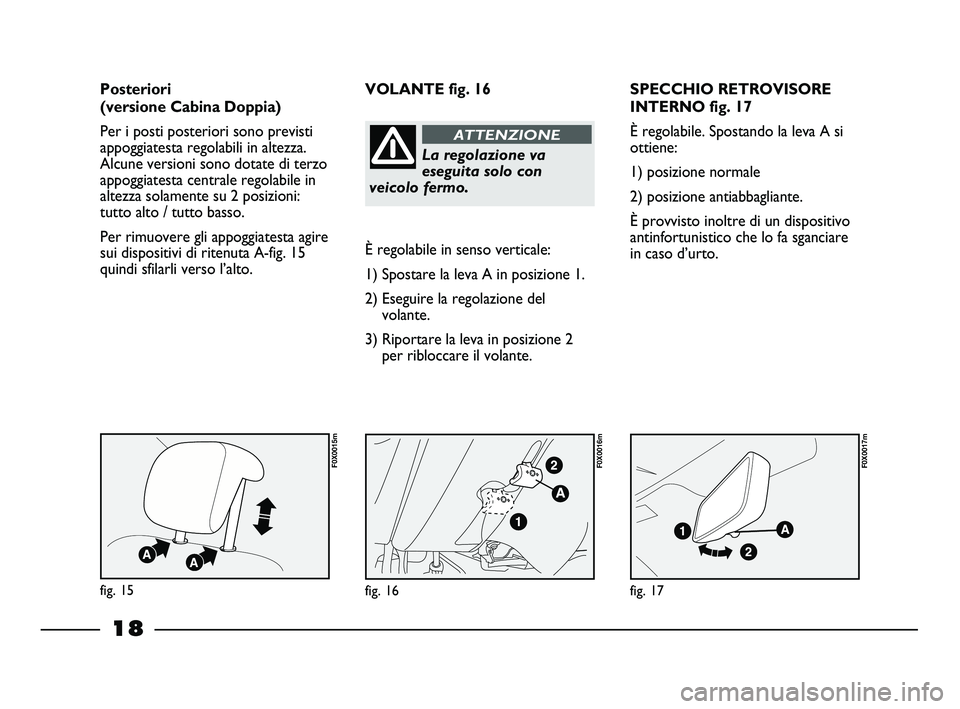 FIAT STRADA 2013  Libretto Uso Manutenzione (in Italian) 18
SPECCHIO RETROVISORE
INTERNO fig. 17
È regolabile. Spostando la leva A si
ottiene:
1) posizione normale
2) posizione antiabbagliante.
È provvisto inoltre di un dispositivo
antinfortunistico che l