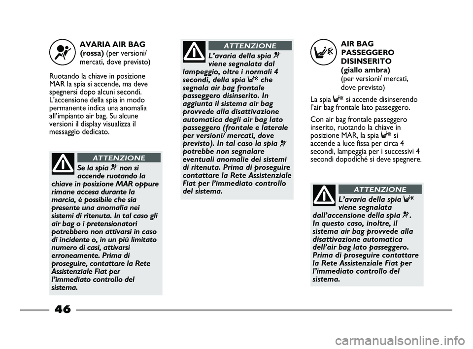 FIAT STRADA 2013  Libretto Uso Manutenzione (in Italian) AIR BAG
PASSEGGERO
DISINSERITO 
(giallo ambra)
(per versioni/ mercati,
dove previsto)
La spia Fsi accende disinserendo
l’air bag frontale lato passeggero.
Con air bag frontale passeggero
inserito, r