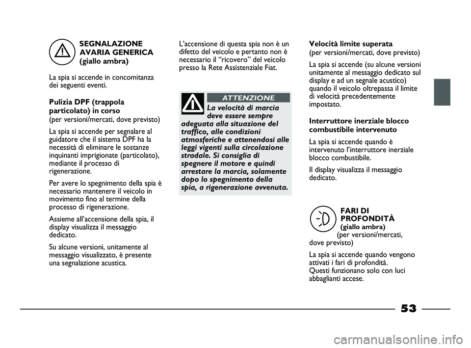 FIAT STRADA 2013  Libretto Uso Manutenzione (in Italian) SEGNALAZIONE
AVARIA GENERICA
(giallo ambra)
La spia si accende in concomitanza
dei seguenti eventi.
Pulizia DPF (trappola
particolato) in corso
(per versioni/mercati, dove previsto)
La spia si accende