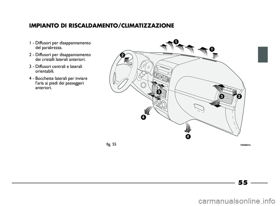 FIAT STRADA 2014  Libretto Uso Manutenzione (in Italian) IMPIANTO DI RISCALDAMENTO/CLIMATIZZAZIONE
1 - Diffusori per disappannamento 
del parabrezza.
2 - Diffusori per disappannamento 
dei cristalli laterali anteriori.
3 - Diffusori centrali e laterali
orie