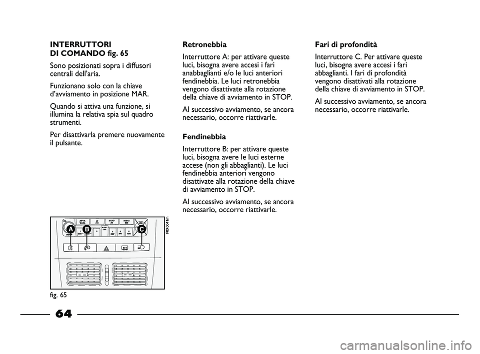 FIAT STRADA 2013  Libretto Uso Manutenzione (in Italian) INTERRUTTORI
DI COMANDO fig. 65
Sono posizionati sopra i diffusori
centrali dell’aria.
Funzionano solo con la chiave
d’avviamento in posizione MAR.
Quando si attiva una funzione, si 
illumina la r