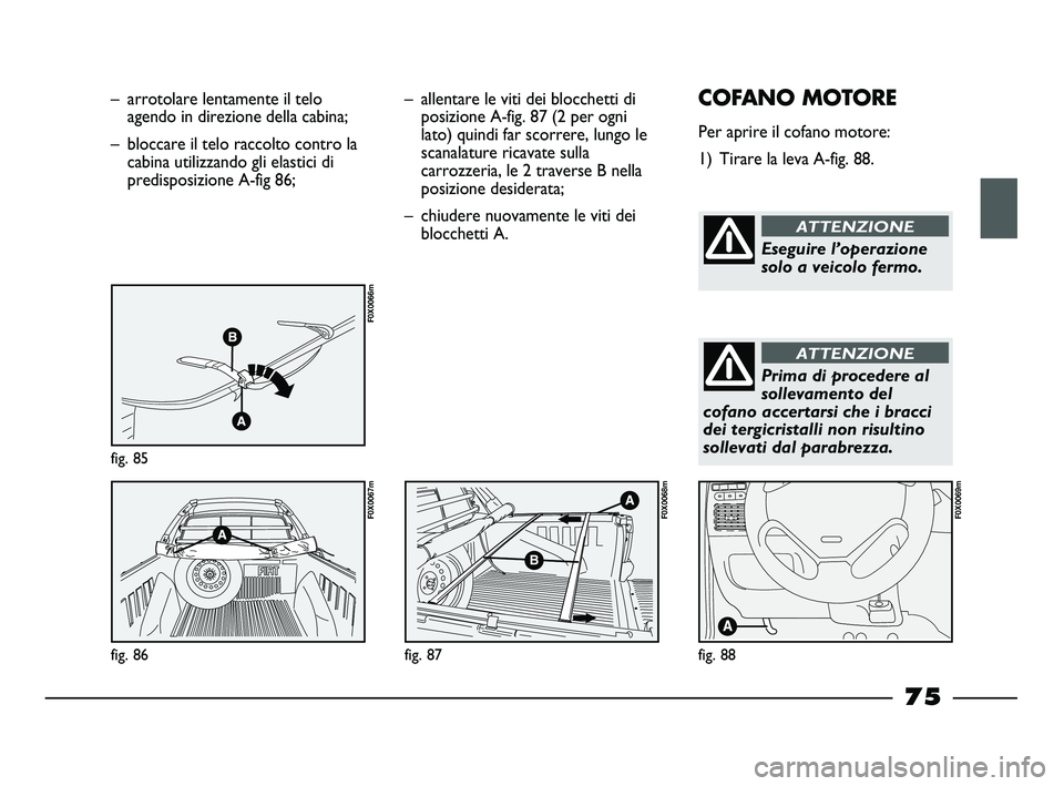 FIAT STRADA 2013  Libretto Uso Manutenzione (in Italian) – arrotolare lentamente il telo
agendo in direzione della cabina;
– bloccare il telo raccolto contro la
cabina utilizzando gli elastici di
predisposizione A-fig 86;
fig. 85
F0X0066m
fig. 86
F0X006