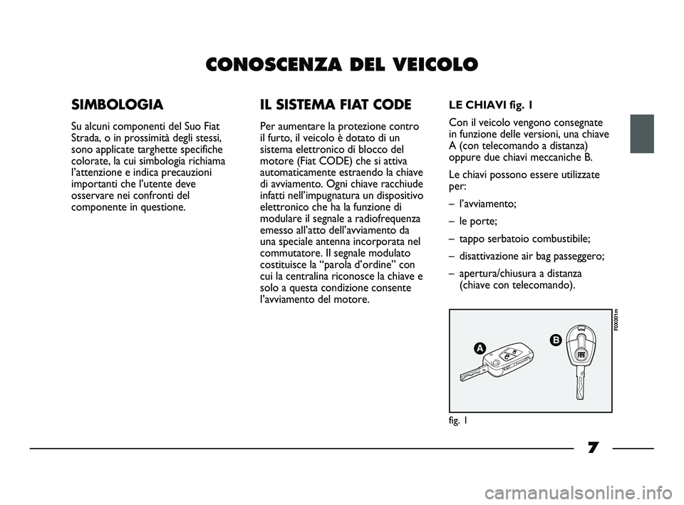 FIAT STRADA 2012 Libretto Uso Manutenzione (in Italian) 7
CONOSCENZA DEL VEICOLO
SIMBOLOGIA
Su alcuni componenti del Suo Fiat
Strada, o in prossimità degli stessi,
sono applicate targhette specifiche
colorate, la cui simbologia richiama
l’attenzione e i FIAT STRADA 2012 Libretto Uso Manutenzione (in Italian) 7
CONOSCENZA DEL VEICOLO
SIMBOLOGIA
Su alcuni componenti del Suo Fiat
Strada, o in prossimità degli stessi,
sono applicate targhette specifiche
colorate, la cui simbologia richiama
l’attenzione e i