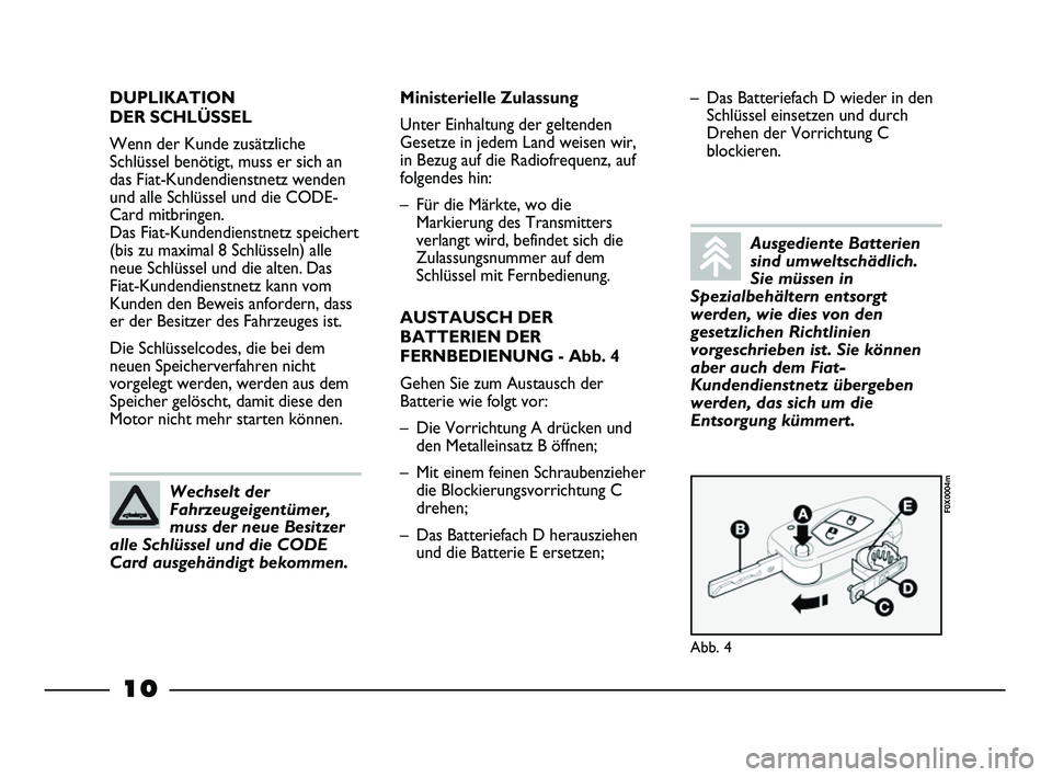 FIAT STRADA 2015 Betriebsanleitung (in German) 10
DUPLIKATION
DER SCHLÜSSEL
Wenn der Kunde zusätzliche
Schlüssel benötigt, muss er sich an
das Fiat-Kundendienstnetz wenden
und alle Schlüssel und die CODE-
Card mitbringen.
Das Fiat-Kundendie FIAT STRADA 2015 Betriebsanleitung (in German) 10
DUPLIKATION
DER SCHLÜSSEL
Wenn der Kunde zusätzliche
Schlüssel benötigt, muss er sich an
das Fiat-Kundendienstnetz wenden
und alle Schlüssel und die CODE-
Card mitbringen.
Das Fiat-Kundendie