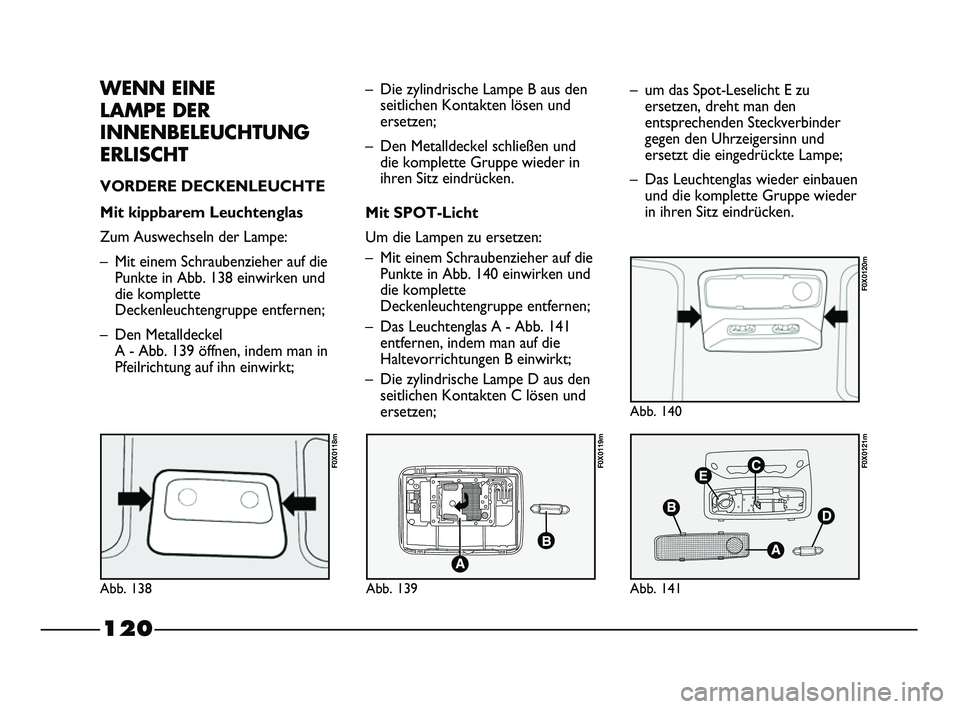 FIAT STRADA 2015 Betriebsanleitung (in German) 120
WENN EINE
LAMPE DER
INNENBELEUCHTUNG
ERLISCHT
VORDERE DECKENLEUCHTE
Mit kippbarem Leuchtenglas
Zum Auswechseln der Lampe:
– Mit einem Schraubenzieher auf die
Punkte in Abb. 138 einwirken und
d FIAT STRADA 2015 Betriebsanleitung (in German) 120
WENN EINE
LAMPE DER
INNENBELEUCHTUNG
ERLISCHT
VORDERE DECKENLEUCHTE
Mit kippbarem Leuchtenglas
Zum Auswechseln der Lampe:
– Mit einem Schraubenzieher auf die
Punkte in Abb. 138 einwirken und
d