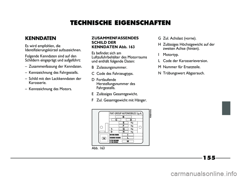 FIAT STRADA 2014  Betriebsanleitung (in German) TECHNISCHE EIGENSCHAFTEN
  KENNDATEN
Es wird empfohlen, die
Identifizierungskürzel aufzuzeichnen. 
Folgende Kenndaten sind auf den
Schildern eingeprägt und aufgeführt:
–  Zusammenfassung der Kenn
