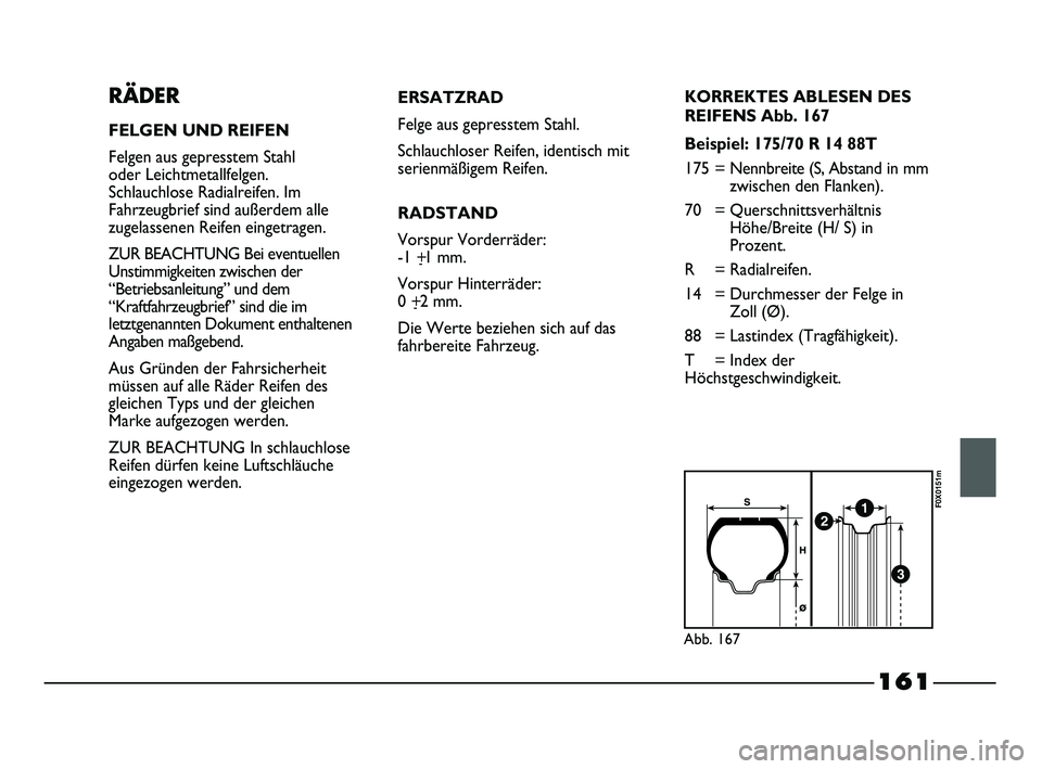FIAT STRADA 2015 Betriebsanleitung (in German) 161
RÄDER
FELGEN UND REIFEN
Felgen aus gepresstem Stahl
oder Leichtmetallfelgen.
Schlauchlose Radialreifen. Im
Fahrzeugbrief sind außerdem alle
zugelassenen Reifen eingetragen.
ZUR BEACHTUNG Bei e FIAT STRADA 2015 Betriebsanleitung (in German) 161
RÄDER
FELGEN UND REIFEN
Felgen aus gepresstem Stahl
oder Leichtmetallfelgen.
Schlauchlose Radialreifen. Im
Fahrzeugbrief sind außerdem alle
zugelassenen Reifen eingetragen.
ZUR BEACHTUNG Bei e