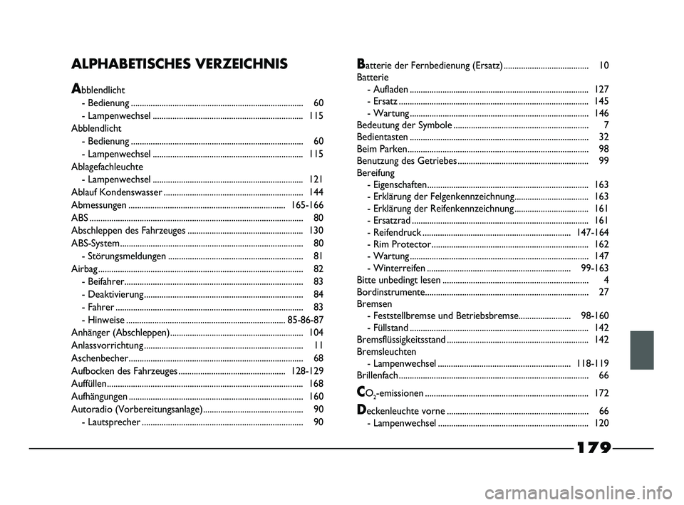 FIAT STRADA 2012  Betriebsanleitung (in German) 179
ALPHABETISCHES VERZEICHNIS
Abblendlicht
- Bedienung ...............................................................................60
- Lampenwechsel...............................................