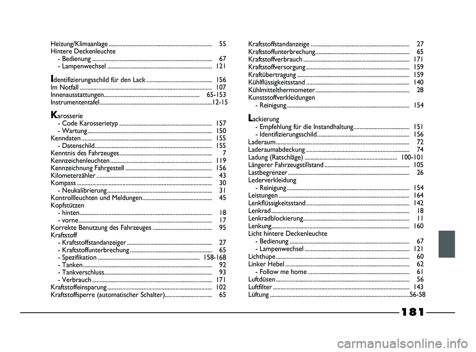 FIAT STRADA 2015 Betriebsanleitung (in German)
Heizung/Klimaanlage.................................................................... 55
Hintere Deckenleuchte - Bedie nung ........................................................................\ FIAT STRADA 2015 Betriebsanleitung (in German)
Heizung/Klimaanlage.................................................................... 55
Hintere Deckenleuchte - Bedie nung ........................................................................\