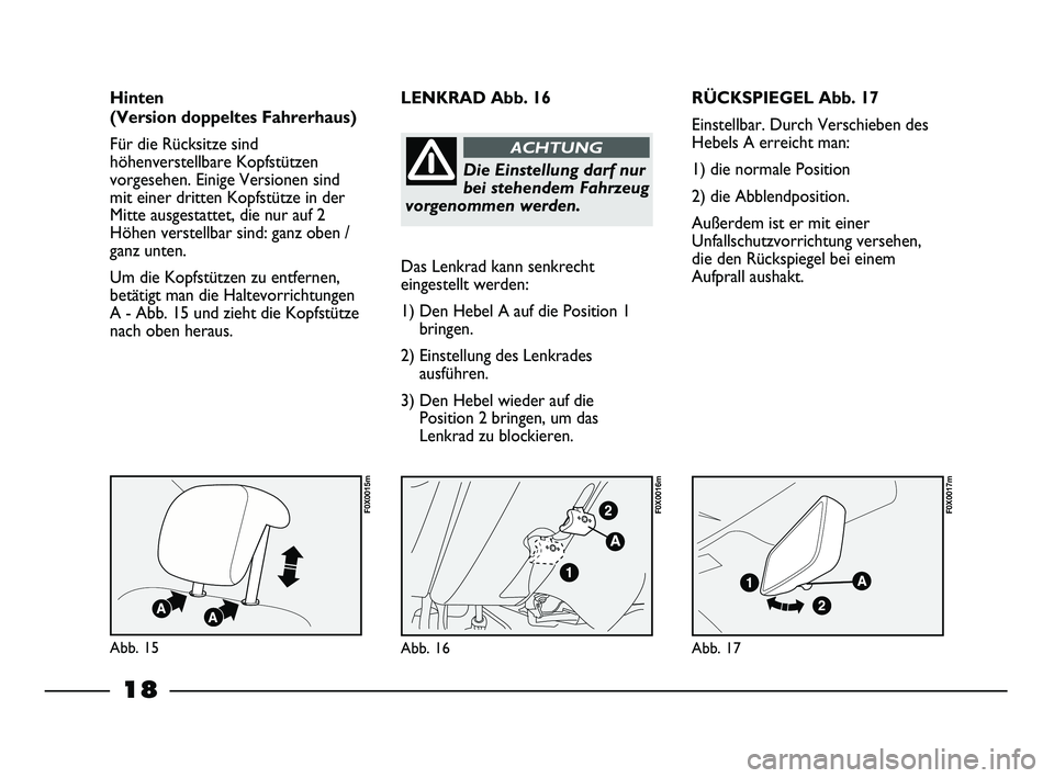 FIAT STRADA 2015 Betriebsanleitung (in German) 18
RÜCKSPIEGEL Abb. 17
Einstellbar. Durch Verschieben des
Hebels A erreicht man:
1) die normale Position
2) die Abblendposition.
Außerdem ist er mit einer
Unfallschutzvorrichtung versehen,
die den R FIAT STRADA 2015 Betriebsanleitung (in German) 18
RÜCKSPIEGEL Abb. 17
Einstellbar. Durch Verschieben des
Hebels A erreicht man:
1) die normale Position
2) die Abblendposition.
Außerdem ist er mit einer
Unfallschutzvorrichtung versehen,
die den R