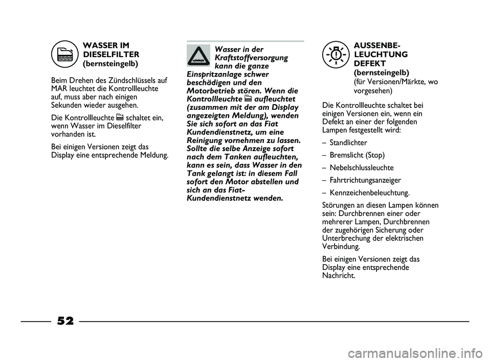 FIAT STRADA 2015 Betriebsanleitung (in German) AUSSENBE-
LEUCHTUNG
DEFEKT
(bernsteingelb)
(für Versionen/Märkte, wo
vorgesehen)
Die Kontrollleuchte schaltet bei
einigen Versionen ein, wenn ein
Defekt an einer der folgenden
Lampen festgestellt wi FIAT STRADA 2015 Betriebsanleitung (in German) AUSSENBE-
LEUCHTUNG
DEFEKT
(bernsteingelb)
(für Versionen/Märkte, wo
vorgesehen)
Die Kontrollleuchte schaltet bei
einigen Versionen ein, wenn ein
Defekt an einer der folgenden
Lampen festgestellt wi