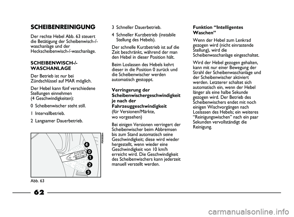 FIAT STRADA 2015 Betriebsanleitung (in German) SCHEIBENREINIGUNG
Der rechte Hebel Abb. 63 steuert
die Betätigung der Scheibenwisch-/-
waschanlage und der
Heckscheibenwisch-/-waschanlage.
SCHEIBENWISCH-/-
WASCHANLAGE
Der Betrieb ist nur bei
Zünds FIAT STRADA 2015 Betriebsanleitung (in German) SCHEIBENREINIGUNG
Der rechte Hebel Abb. 63 steuert
die Betätigung der Scheibenwisch-/-
waschanlage und der
Heckscheibenwisch-/-waschanlage.
SCHEIBENWISCH-/-
WASCHANLAGE
Der Betrieb ist nur bei
Zünds