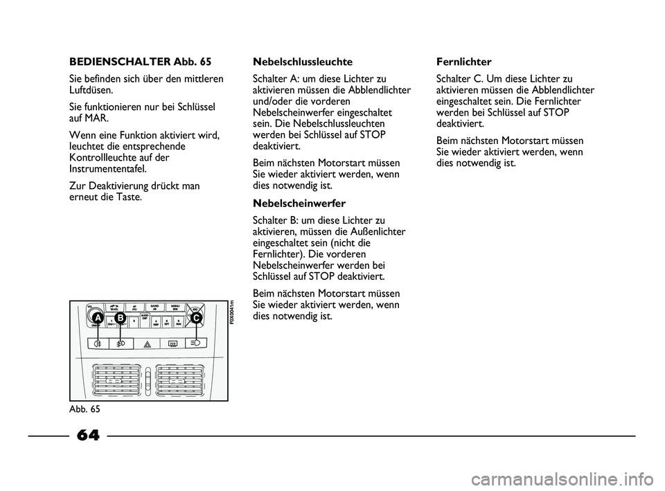 FIAT STRADA 2015 Betriebsanleitung (in German) BEDIENSCHALTER Abb. 65
Sie befinden sich über den mittleren
Luftdüsen.
Sie funktionieren nur bei Schlüssel
auf MAR.
Wenn eine Funktion aktiviert wird,
leuchtet die entsprechende
Kontrollleuchte auf FIAT STRADA 2015 Betriebsanleitung (in German) BEDIENSCHALTER Abb. 65
Sie befinden sich über den mittleren
Luftdüsen.
Sie funktionieren nur bei Schlüssel
auf MAR.
Wenn eine Funktion aktiviert wird,
leuchtet die entsprechende
Kontrollleuchte auf