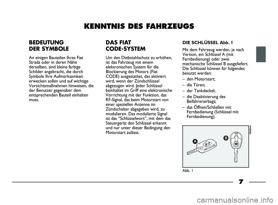 FIAT STRADA 2015 Betriebsanleitung (in German) 7
KENNTNIS DES FAHRZEUGS
BEDEUTUNG
DER SYMBOLE
An einigen Bauteilen Ihres Fiat
Strada oder in deren Nähe
derselben, sind kleine farbige
Schilder angebracht, die durch
Symbole Ihre Aufmerksamkeit
erw FIAT STRADA 2015 Betriebsanleitung (in German) 7
KENNTNIS DES FAHRZEUGS
BEDEUTUNG
DER SYMBOLE
An einigen Bauteilen Ihres Fiat
Strada oder in deren Nähe
derselben, sind kleine farbige
Schilder angebracht, die durch
Symbole Ihre Aufmerksamkeit
erw