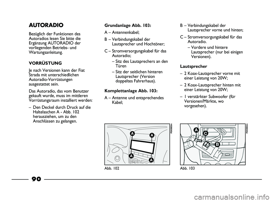 FIAT STRADA 2015 Betriebsanleitung (in German) AUTORADIO
Bezüglich der Funktionen des
Autoradios lesen Sie bitte die
Ergänzung AUTORADIO der
vorliegenden Betriebs- und
Wartungsanleitung.
VORRÜSTUNG
Je nach Versionen kann der Fiat
Strada mit unt FIAT STRADA 2015 Betriebsanleitung (in German) AUTORADIO
Bezüglich der Funktionen des
Autoradios lesen Sie bitte die
Ergänzung AUTORADIO der
vorliegenden Betriebs- und
Wartungsanleitung.
VORRÜSTUNG
Je nach Versionen kann der Fiat
Strada mit unt