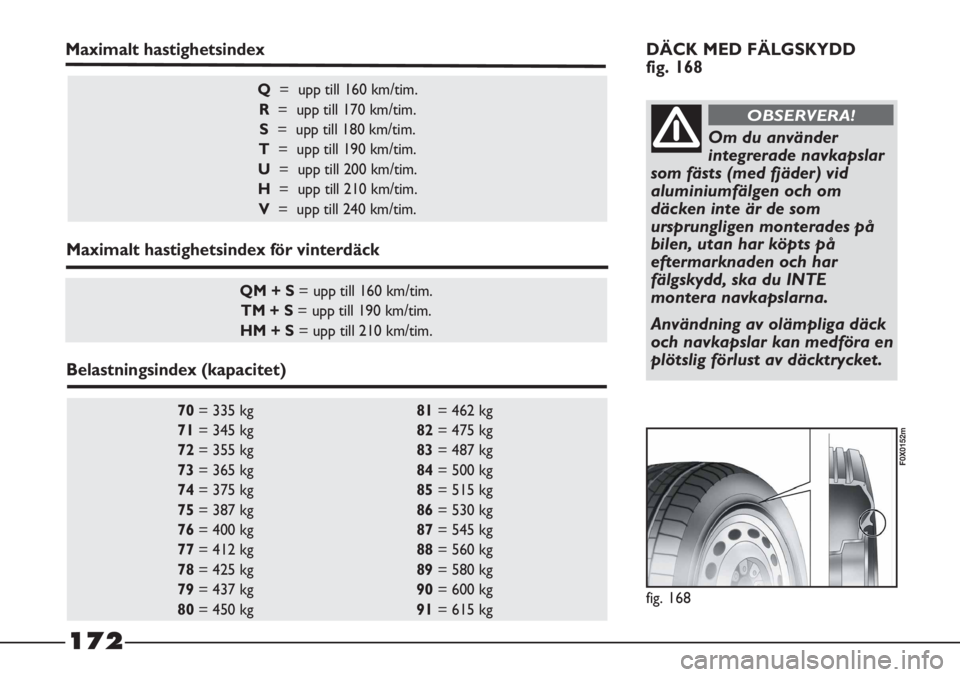 FIAT STRADA 2012  Drift- och underhållshandbok (in Swedish) fig. 168
F0X0152m
70= 335 kg 81= 462 kg 
71= 345 kg 82= 475 kg 
72= 355 kg 83= 487 kg 
73= 365 kg 84= 500 kg 
74= 375 kg 85= 515 kg 
75= 387 kg 86= 530 kg 
76= 400 kg 87= 545 kg 
77= 412 kg 88= 560 kg