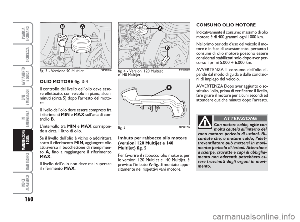FIAT SCUDO 2010  Libretto Uso Manutenzione (in Italian) Imbuto per rabbocco olio motore
(versioni 120 Multijet e 140
Multijet) fig. 5
Per favorire il rabbocco olio motore, per
le versioni 120 Multijet e 140 Multijet, è
previsto l’imbuto A-fig. 5montato 