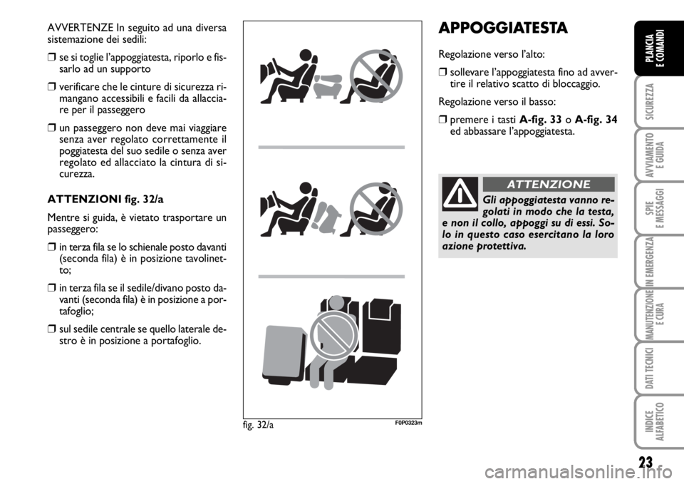 FIAT SCUDO 2010  Libretto Uso Manutenzione (in Italian) 23
SICUREZZA
AVVIAMENTO 
E GUIDA
SPIE
E MESSAGGI
IN EMERGENZA
MANUTENZIONE
E CURA
DATI TECNICI
INDICE
ALFABETICO
PLANCIA
E COMANDI
APPOGGIATESTA
Regolazione verso l’alto:
❒sollevare l’appoggiate