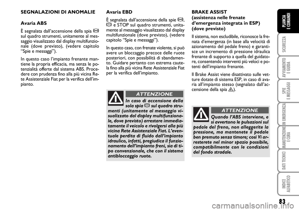 FIAT SCUDO 2010  Libretto Uso Manutenzione (in Italian) 83
SICUREZZA
AVVIAMENTO 
E GUIDA
SPIE
E MESSAGGI
IN EMERGENZA
MANUTENZIONE
E CURA
DATI TECNICI
INDICE
ALFABETICO
PLANCIA
E COMANDI
SEGNALAZIONI DI ANOMALIE
Avaria ABS
È segnalata dall’accensione de