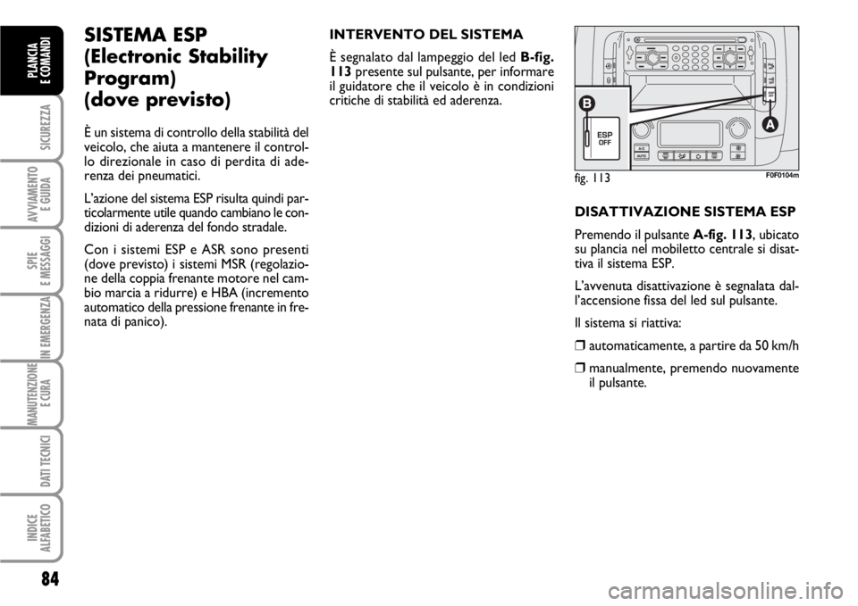 FIAT SCUDO 2010  Libretto Uso Manutenzione (in Italian) 84
SICUREZZA
AVVIAMENTO 
E GUIDA
SPIE
E MESSAGGI
IN EMERGENZA
MANUTENZIONE
E CURA 
DATI TECNICI
INDICE
ALFABETICO
PLANCIA
E COMANDI
fig. 113F0F0104m
SISTEMA ESP 
(Electronic Stability
Program) 
(dove 