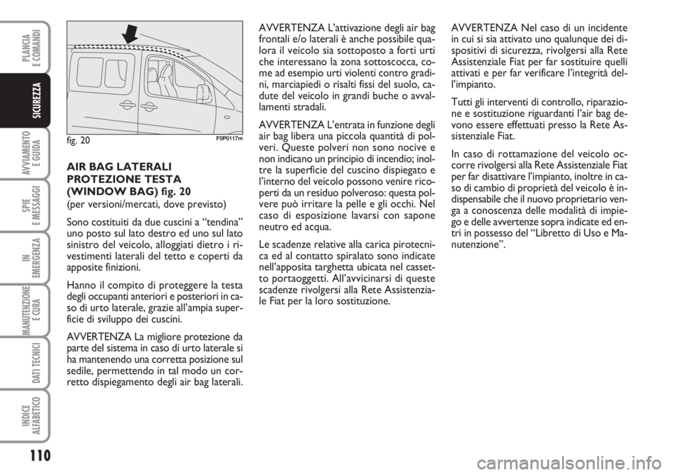 FIAT SCUDO 2011  Libretto Uso Manutenzione (in Italian) 110
AVVIAMENTO 
E GUIDA
SPIE
E MESSAGGI
IN
EMERGENZA
MANUTENZIONE
E CURA 
DATI TECNICI
INDICE
ALFABETICO
PLANCIA
E COMANDI
SICUREZZA
AIR BAG LATERALI
PROTEZIONE TESTA
(WINDOW BAG) fig. 20 
(per versio