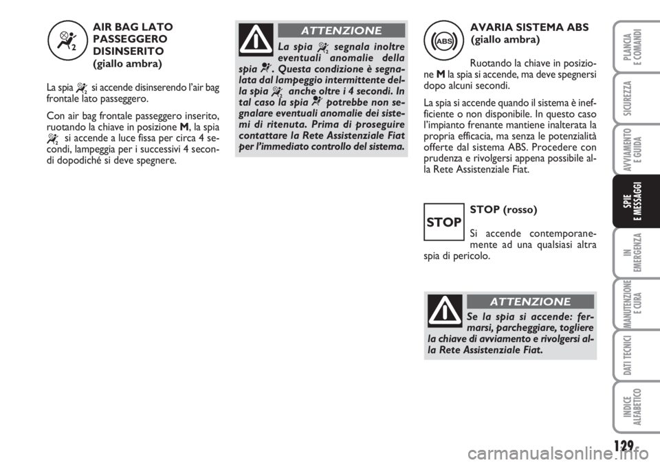 FIAT SCUDO 2011  Libretto Uso Manutenzione (in Italian) STOP (rosso)
Si accende contemporane-
mente ad una qualsiasi altra
spia di pericolo.
129
IN
EMERGENZA
MANUTENZIONE
E CURA
DATI TECNICI
INDICE
ALFABETICO
PLANCIA
E COMANDI
SICUREZZA
AVVIAMENTO 
E GUIDA