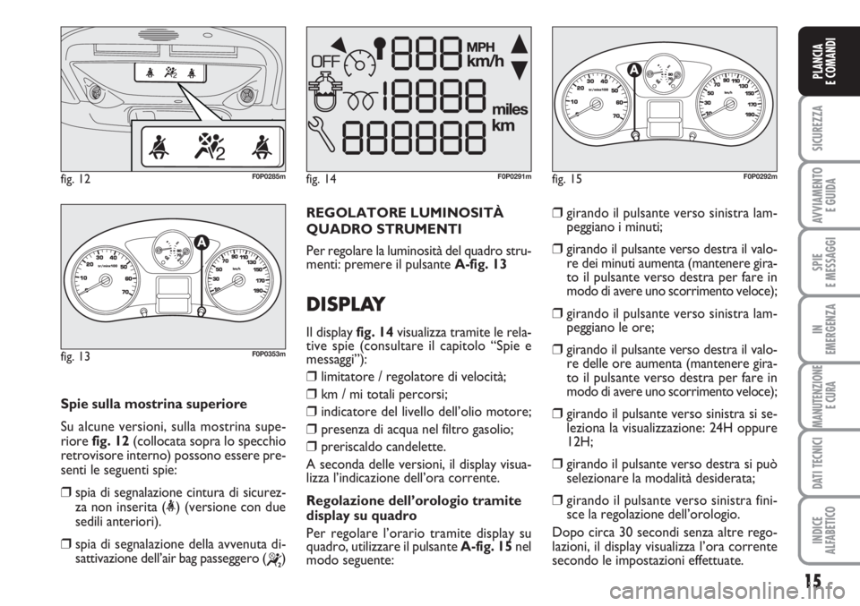 FIAT SCUDO 2011  Libretto Uso Manutenzione (in Italian) 15
SICUREZZA
AVVIAMENTO 
E GUIDA
SPIE
E MESSAGGI
IN
EMERGENZA
MANUTENZIONE
E CURA
DATI TECNICI
INDICE
ALFABETICO
PLANCIA
E COMANDI
Spie sulla mostrina superiore
Su alcune versioni, sulla mostrina supe