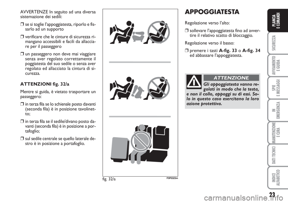 FIAT SCUDO 2011 Libretto Uso Manutenzione (in Italian) 23
SICUREZZA
AVVIAMENTO
E GUIDA
SPIE
E MESSAGGI
IN
EMERGENZA
MANUTENZIONE
E CURA
DATI TECNICI
INDICE
ALFABETICO
PLANCIA
E COMANDI
APPOGGIATESTA
Regolazione verso l’alto:
❒sollevare l’appoggiate FIAT SCUDO 2011 Libretto Uso Manutenzione (in Italian) 23
SICUREZZA
AVVIAMENTO
E GUIDA
SPIE
E MESSAGGI
IN
EMERGENZA
MANUTENZIONE
E CURA
DATI TECNICI
INDICE
ALFABETICO
PLANCIA
E COMANDI
APPOGGIATESTA
Regolazione verso l’alto:
❒sollevare l’appoggiate